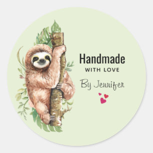 Handmade with Love Cute Watercolor Sloth Classic Round Sticker
