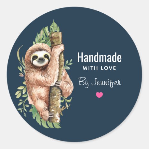 Handmade with Love Cute Watercolor Sloth Classic Round Sticker