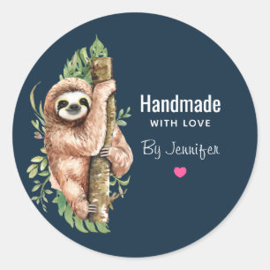 Handmade with Love Cute Watercolor Sloth Classic Round Sticker