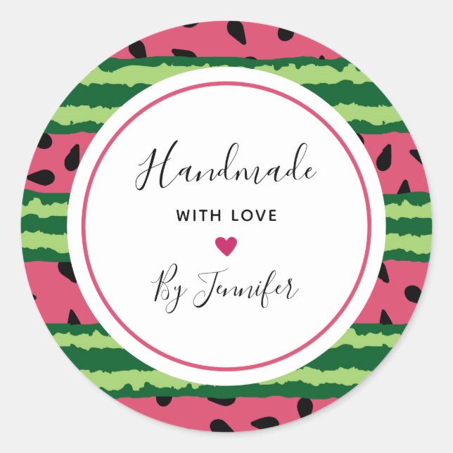 Handmade with Love Cute Watermelon Pattern Classic Round Sticker (Front)