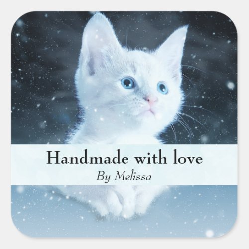Handmade with Love Cute White Kitten Photo Square Sticker