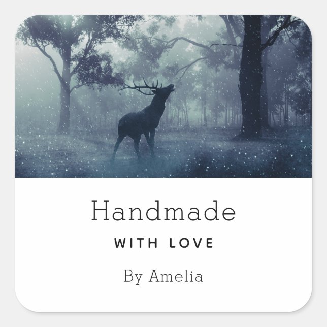 Handmade with Love Deer with Antlers in a Forest Square Sticker (Front)
