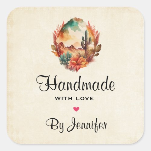Handmade with Love Desert Cactus and Mountains Square Sticker