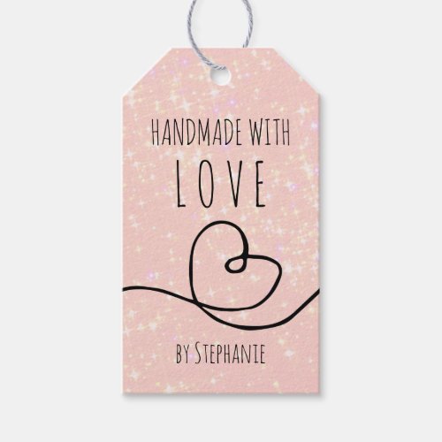 Handmade with Love Doodle Heart Pink glitter Gift Tags