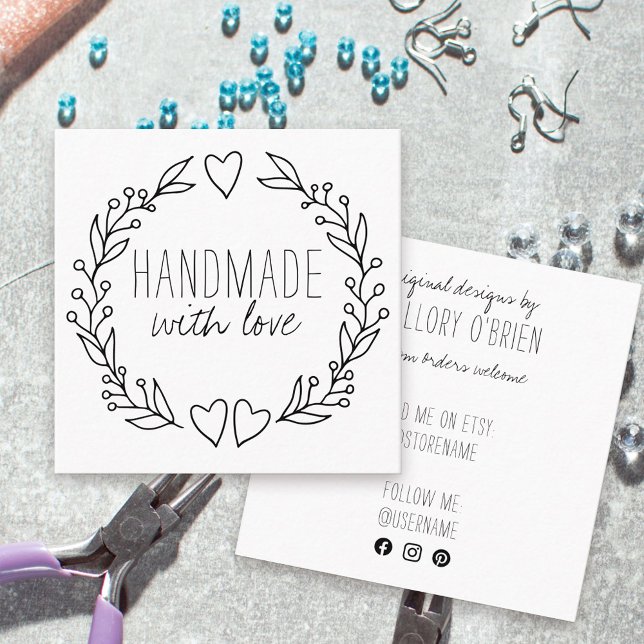 Handmade with Love Doodle Wreath Square Business Card (Handmade with Love square business card with line drawn wreath and social media icons)