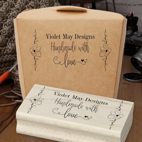 Handmade with Love Drawn Floral Border Custom Name Rubber Stamp
