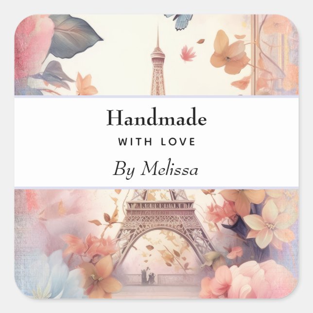 handmade with Love Eiffel Tower and Flowers Square Sticker (Front)