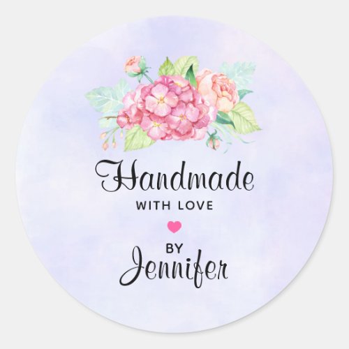 Handmade with Love Elegant Pink Watercolor Flowers Classic Round Sticker