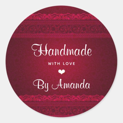 Handmade with Love Elegant Red Background Stylish Classic Round Sticker