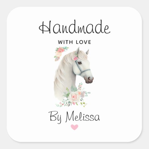 Handmade with Love Elegant White Horse Boho Floral Square Sticker