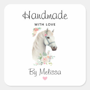Handmade with Love Elegant White Horse Boho Floral Square Sticker