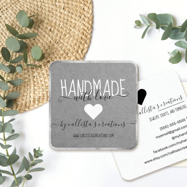 Handmade With Love Etsy Home Crafter Art Silver Square Business Card (Creator Uploaded)