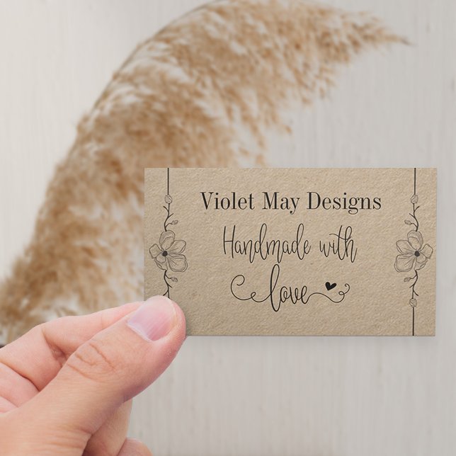 Handmade with Love Feminine Kraft Business Card (Horizontal Business Card with elegant flowers on kraft)