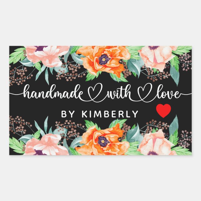 Handmade with Love Floral Black Rectangular Sticke Rectangular Sticker (Front)