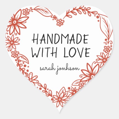 Handmade With Love Floral Heart Wreath Name Heart Sticker