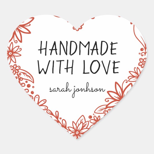 Handmade With Love Floral Heart Wreath Name Heart Sticker (Front)