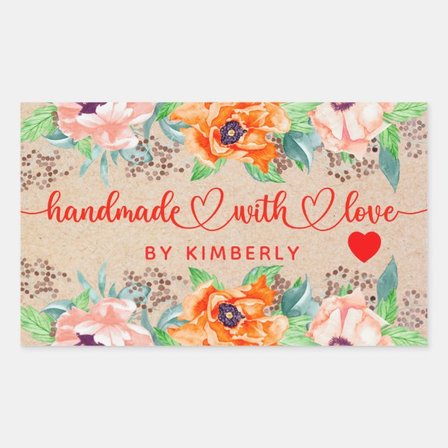 Handmade with Love Floral Rectangular Sticker (Front)