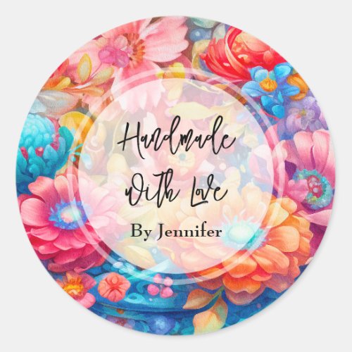 Handmade with Love Flower Bouquet Pink  Orange Classic Round Sticker