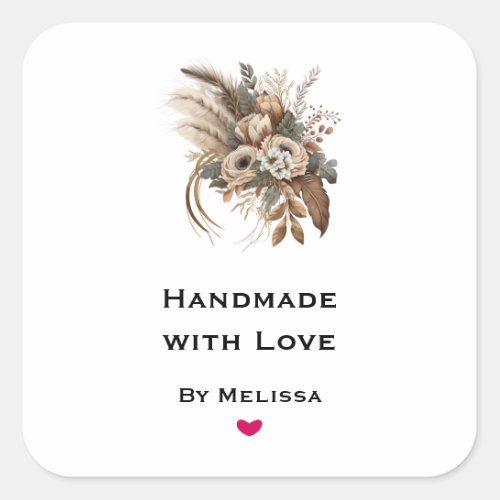 Handmade with Love Flowers Foliage and Feathers Square Sticker