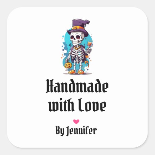 Handmade with Love Funny Halloween Skeleton Square Sticker