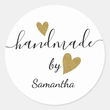 Handmade With Love Gold Glitter Heart Script Name Classic Round Sticker by semas87 at Zazzle