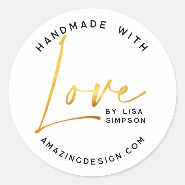 Handmade with love Gold script Classic Round Sticker (Front)