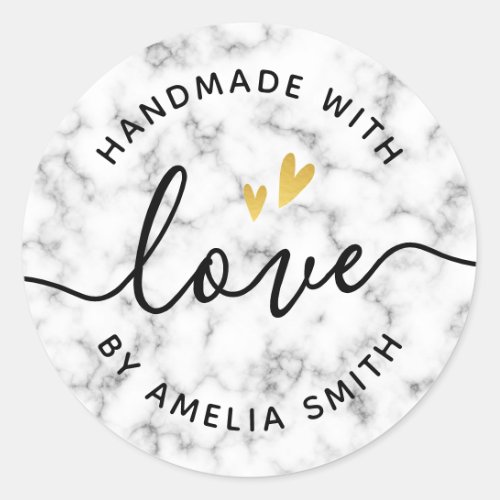 Handmade with love golden heart custom name marble classic round sticker
