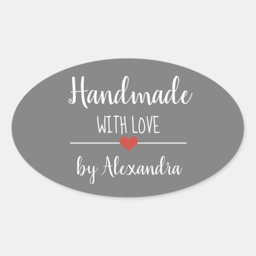 Handmade with love gray script name oval sticker