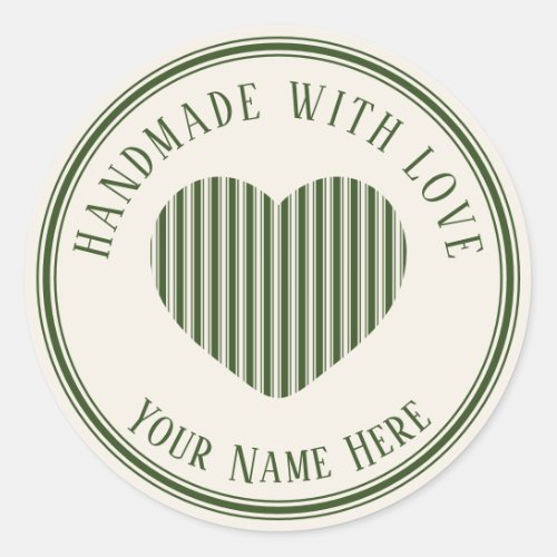 handmade with love green christmas stripes classic round sticker