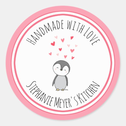 Handmade with Love Han drawn Cute Penguin Heart   Classic Round Sticker