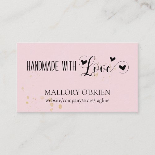 Handmade with Love Heart Calligraphy Pink and Gold Business Card