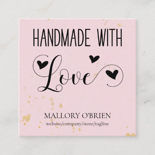 Handmade with Love Heart Calligraphy Pink Gold Square Business Card