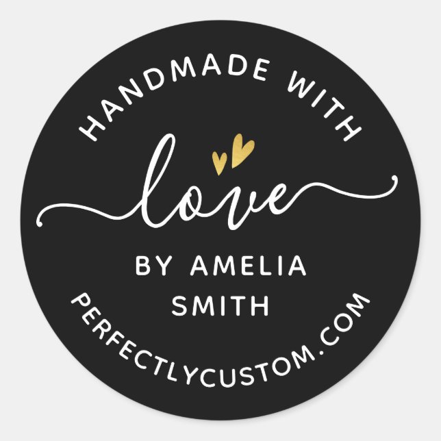 Handmade with love heart custom name URL black Classic Round Sticker (Front)