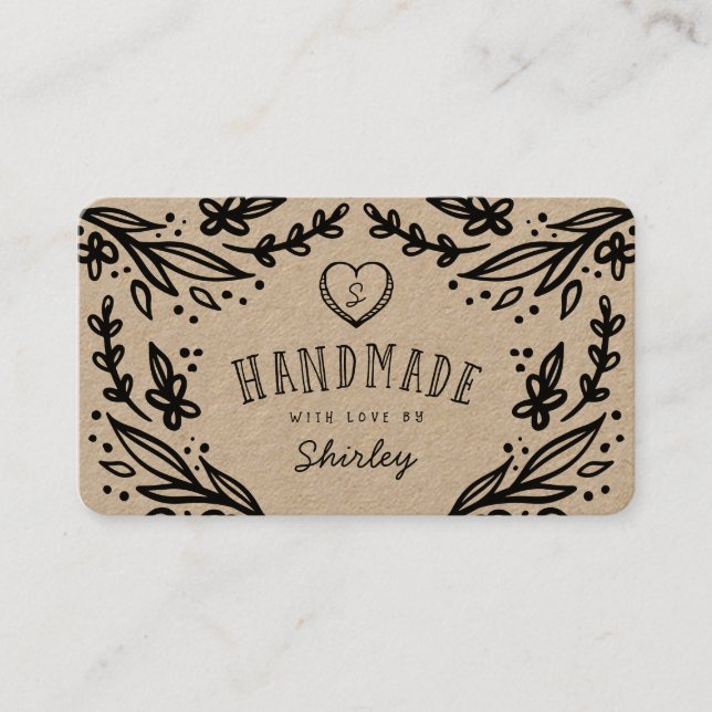 Handmade With Love Heart Monogram Floral Design Business Card (Front)