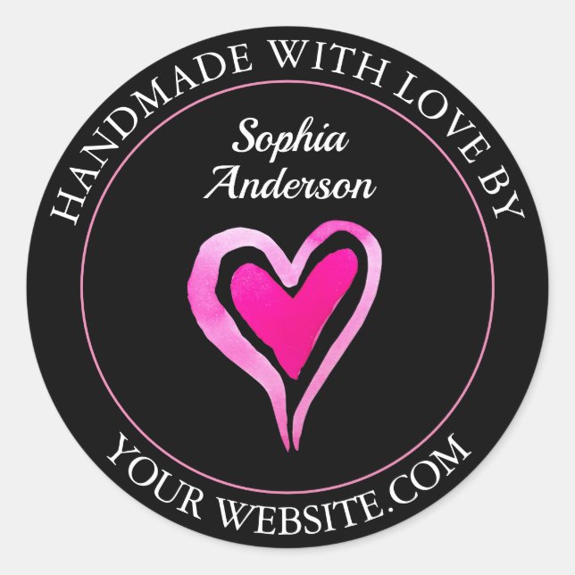 Handmade With Love, Heart, Name, Black Classic Round Sticker (Front)