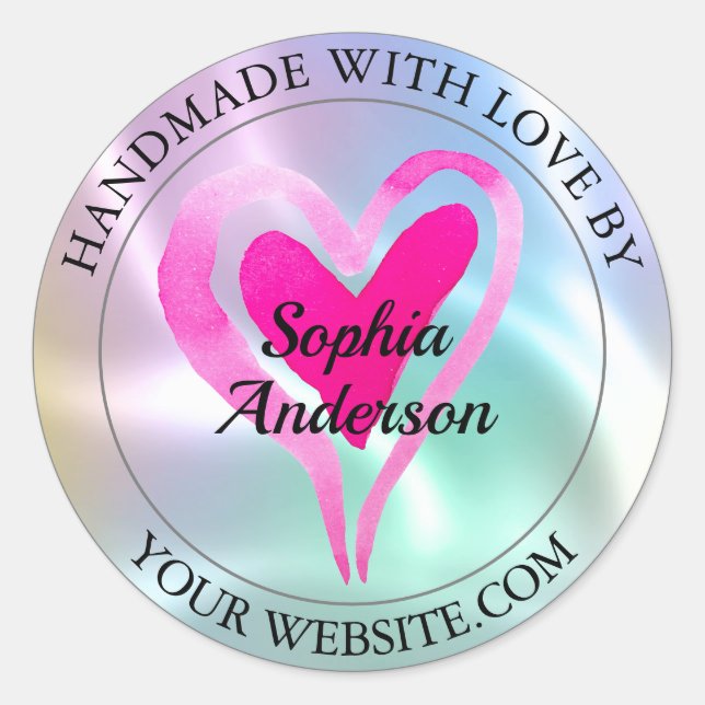 Handmade With Love, Heart & Name, Iridescent 2 Classic Round Sticker (Front)