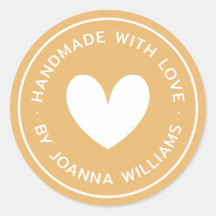 Handmade with love heart name mustard yellow classic round sticker