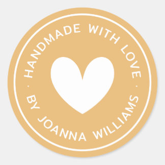 Handmade with love heart name mustard yellow classic round sticker