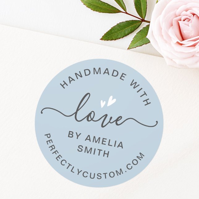 Handmade with love heart name URL dusty light blue Classic Round Sticker (Handmade with love heart name URL dusty light blue Classic Round Sticker)