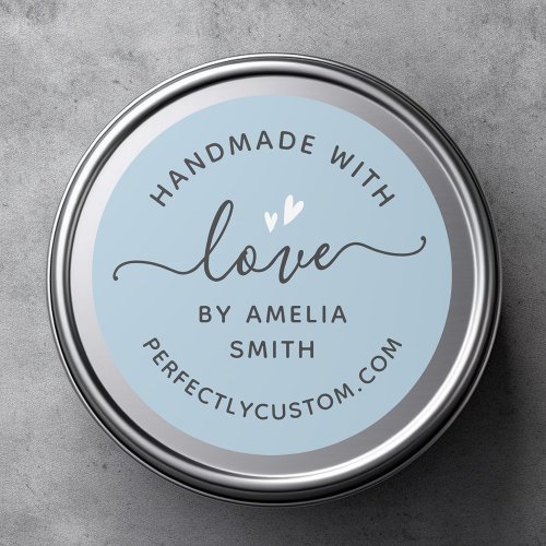 Handmade with love heart name URL dusty light blue Classic Round Sticker