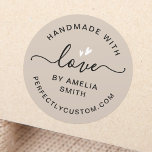 Handmade with love heart name URL light brown Classic Round Sticker<br><div class="desc">Round stickers with white hearts, the text "handmade with love" and your custom name and website URL or other custom text on a light mocha brown background. The word "love" is written in an elegant calligraphy script font. Use as envelope seals, stickers for gifts and favours, product packaging etc. Follow...</div>