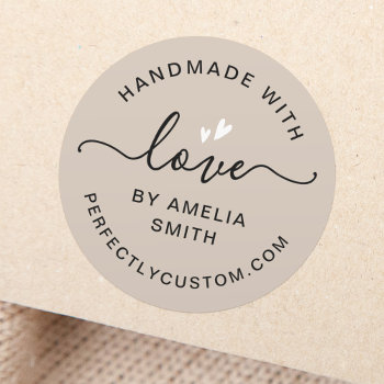 Handmade With Love Heart Name Url Light Brown Classic Round Sticker by TheStationeryShop at Zazzle