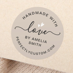 Handmade With Love Heart Name Url Light Brown Classic Round Sticker at Zazzle