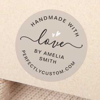 Handmade with love heart name URL light brown Classic Round Sticker