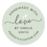 Handmade with love heart name URL light sage green Classic Round Sticker