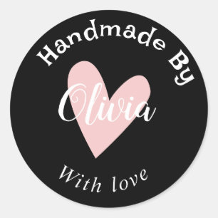 Handmade with love heart name URL terracotta Black Classic Round Sticker