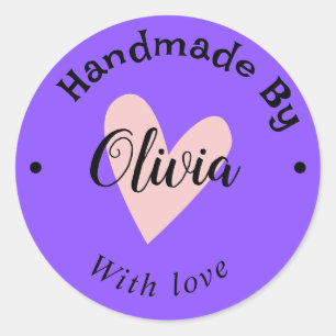 Handmade with love heart name URL terracotta Blue Classic Round Sticker