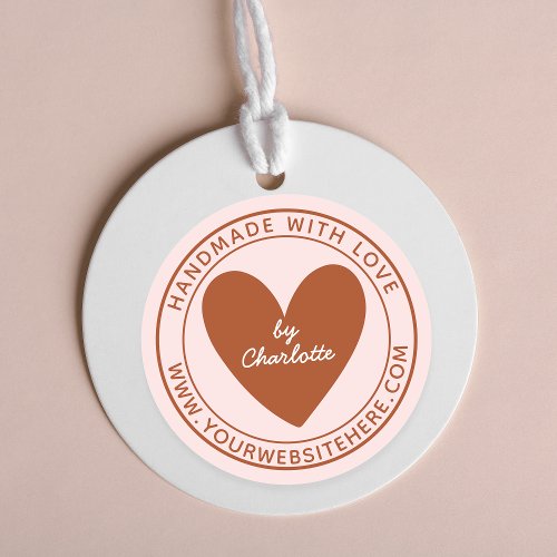 Handmade With Love Heart Name URL Terracotta Pink Classic Round Sticker