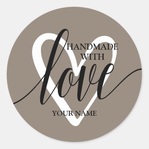 Handmade With Love Heart on Brown Classic Round Sticker