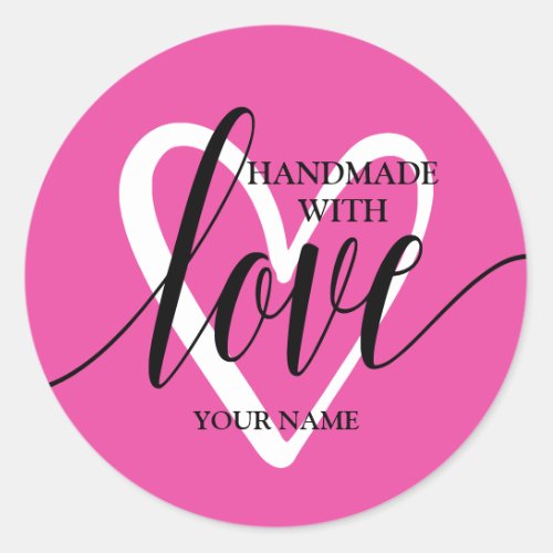 Handmade With Love Heart on Hot Pink Classic Round Sticker
